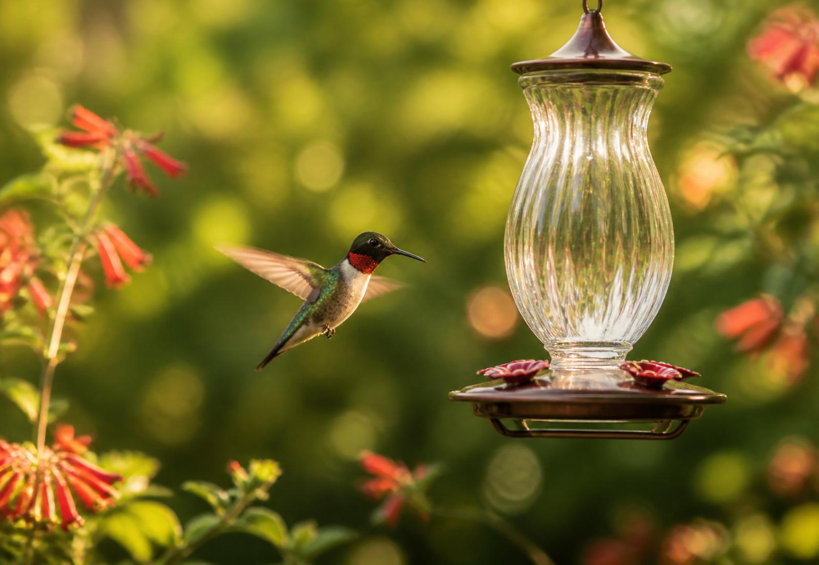 A ruby-throated hummingbird hovering next to a glass feeder in a garden.