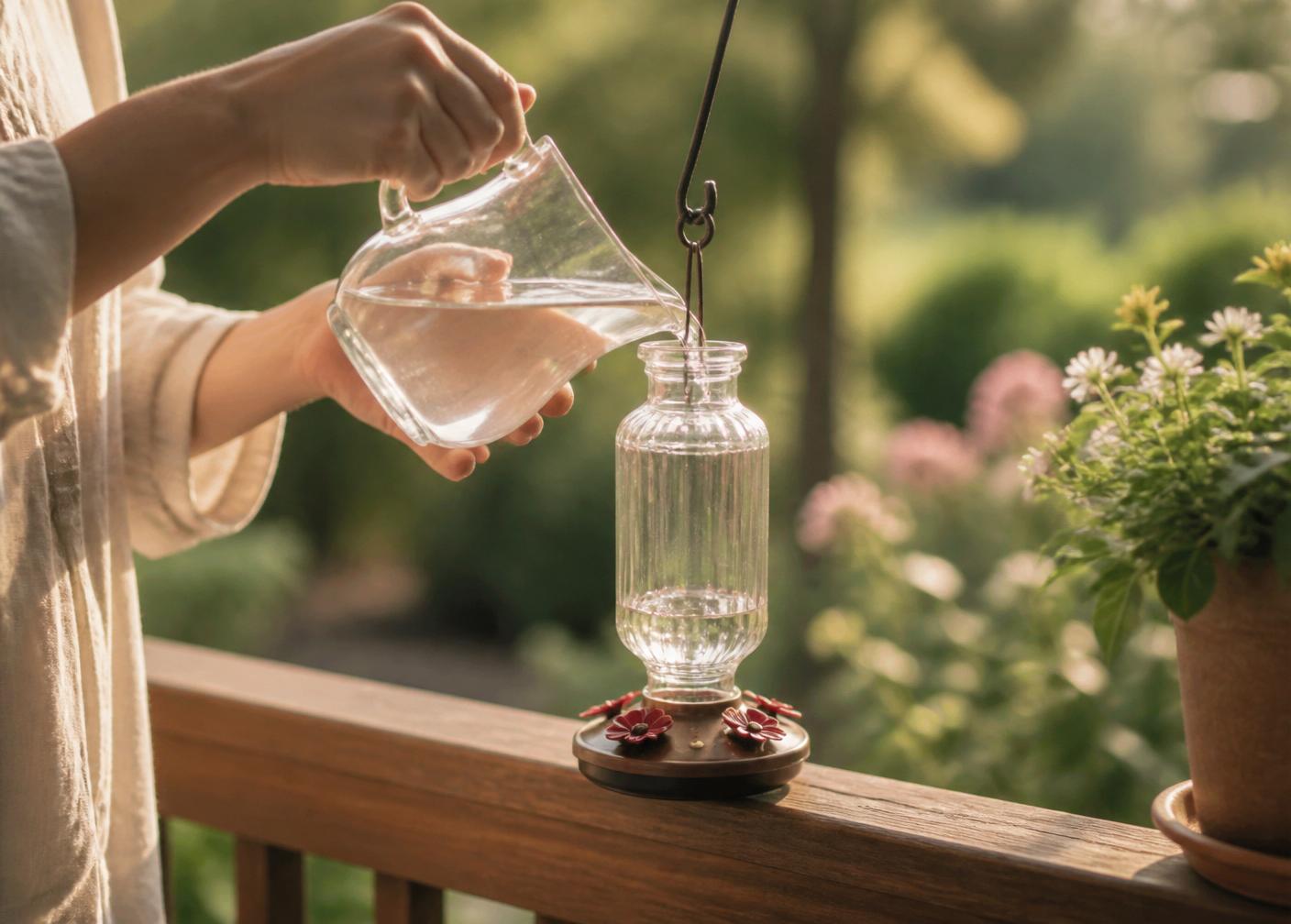 Hands filling a clear glass hummingbird feeder on a wooden porch.